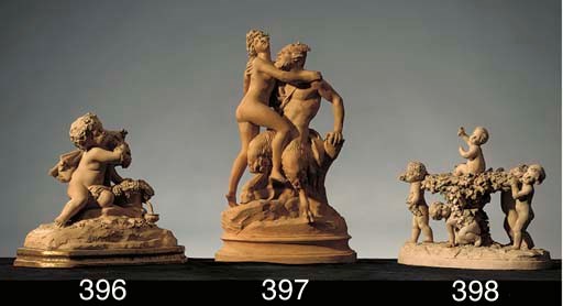 A cast terracotta group of a nymph and a satyr
