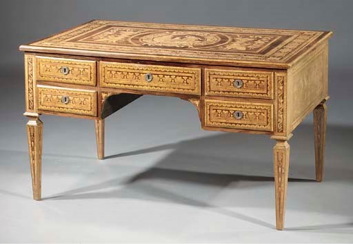 A North Italian walnut and marquetry bureau plat