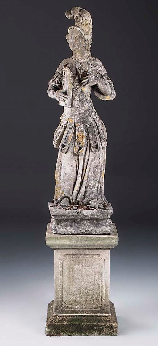 A carved limestone figure of a female soldier