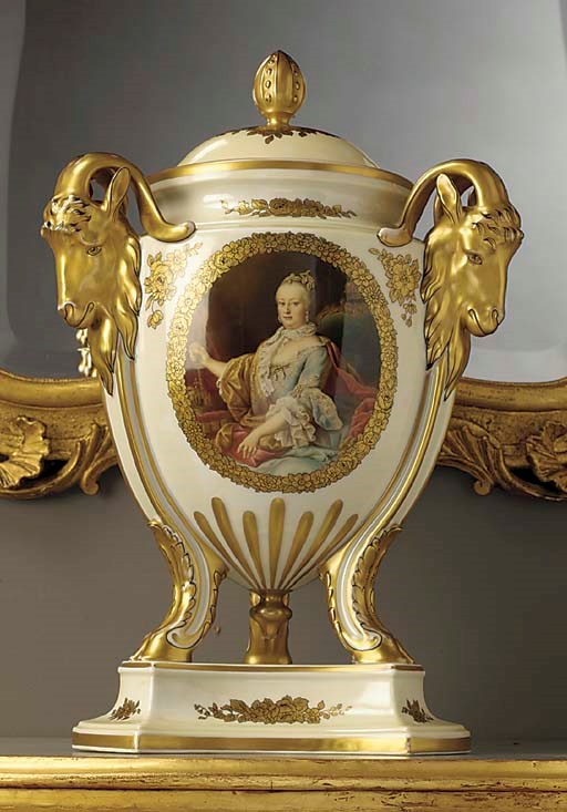 A late Rosenthal Selb Bavaria porcelain tripod gilt imperial portrait vase and cover
