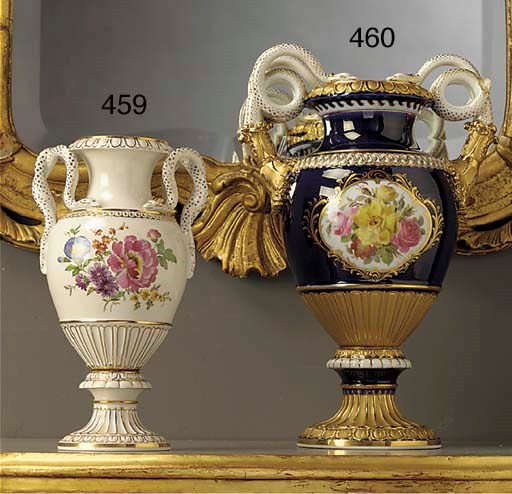 A Meissen blue-ground snake-handled vase
