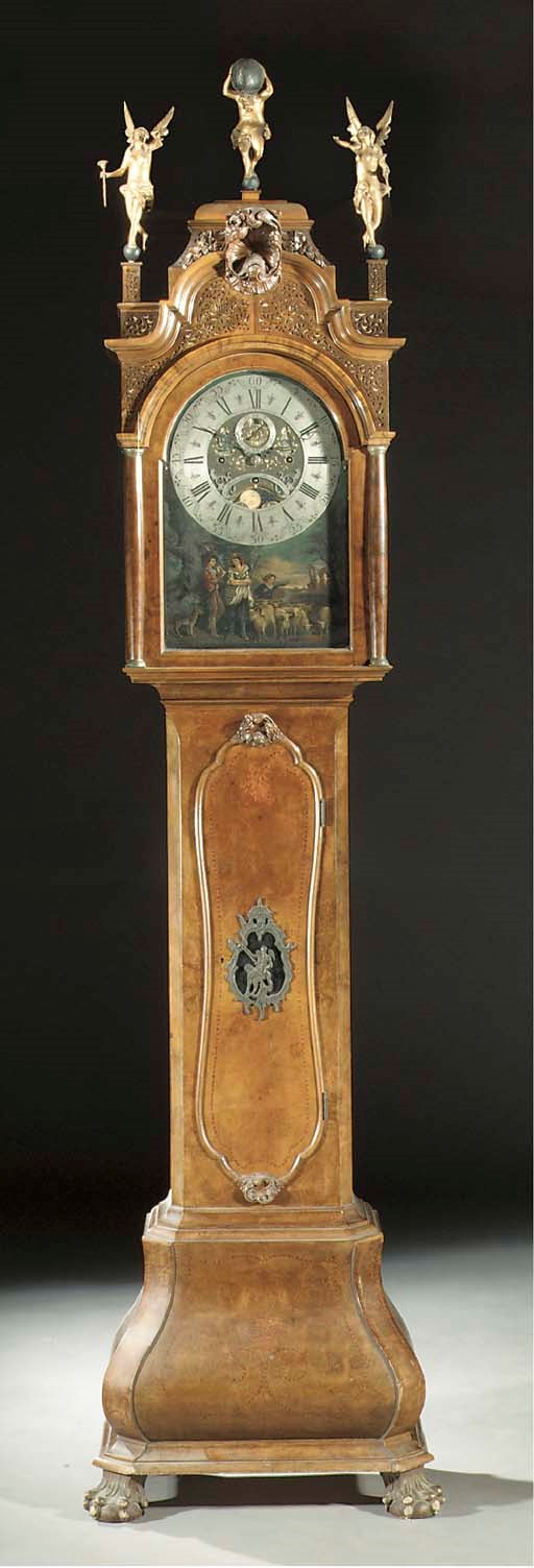 A Dutch burr-walnut striking musical longcase clock