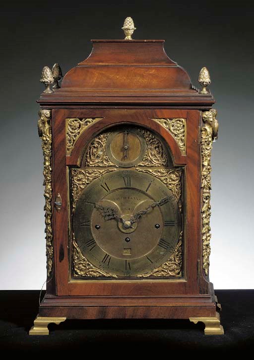 A George III ormolu-mounted mahogany quarter chiming bracket clock with alarm