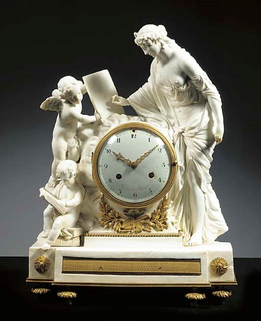 A Louis XVI ormolu-mounted biscuit striking mantel clock