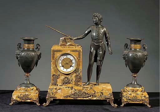 A French gilt-and patinated metal and yellow marble striking garniture de cheminee