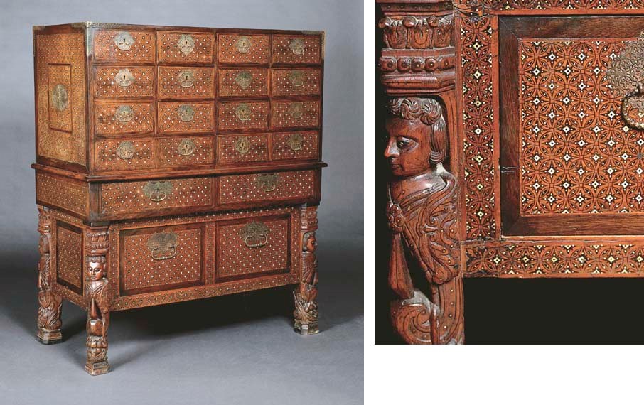 * A GOANESE IVORY INLAID, HARDWOOD CHEST ON STAND