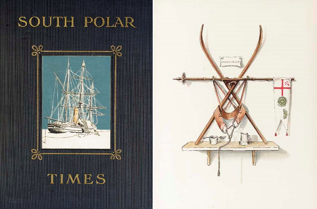 SIR ERNEST HENRY SHACKLETON (1874-1922), LOUIS C. BERNACCHI (1876-1940) AND APSLEY GEORGE BENET CHERRY-GARRARD (1886-1959), editors The South Polar Times. London: Smith, Elder & Co., 1907-1914. 3 volumes, 4° (275 x 210mm.). Titles in red and black (vols. I-II), text and title in ochre and blue (vol. III), plates and illustrations, some chromolithographed, after Herbert Ponting, Edward Wilson and others. (Occasional light spotting to preliminary leaves of vol. III). Original blue cloth, spines lettered in gilt, the upper covers with gilt lettering and rope-work surrounding centrally-placed inset pictorial cloth panels, g.e. (extremities lightly rubbed).