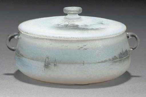 A Daum cameo and enamelled opalescent glass bowl and cover