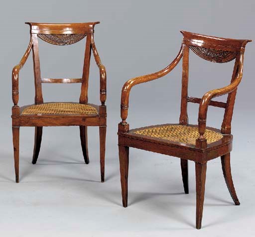 A PAIR OF NORTH ITALIAN NEOCLASSIC WALNUT FAUTEUILS,