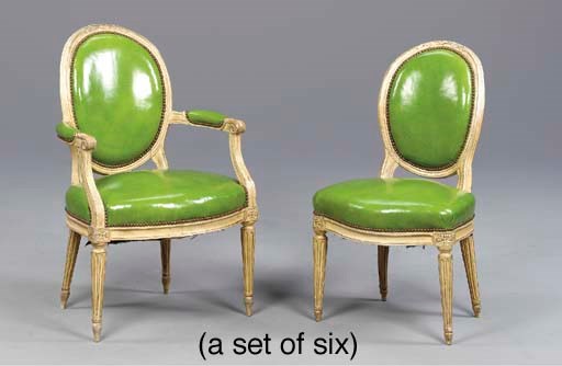 A SET OF SIX LOUIS XVI CREAM-PAINTED DINING CHAIRS,