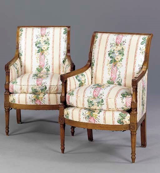 A PAIR OF LOUIS XVI STYLE BEECHWOOD BERGERES,