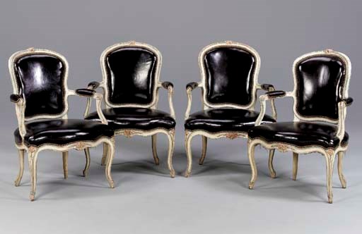 A SET OF FOUR LOUIS XV POLYCHROME-DECORATED FAUTEUILS EN CABRIOLET,