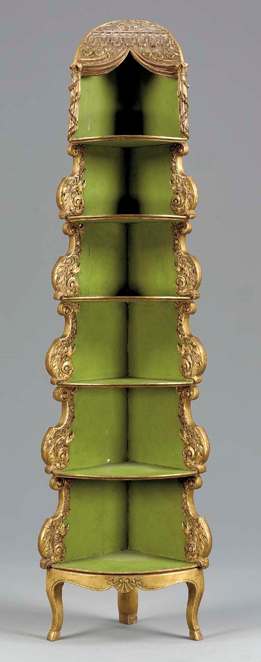 A REGENCE STYLE PARCEL-GILT AND GREEN-PAINTED CORNER CUPBOARD,