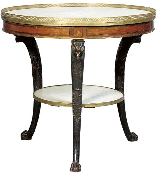AN EMPIRE BRASS-INLAID, EBONIZED AND MAHOGANY GUERIDON,