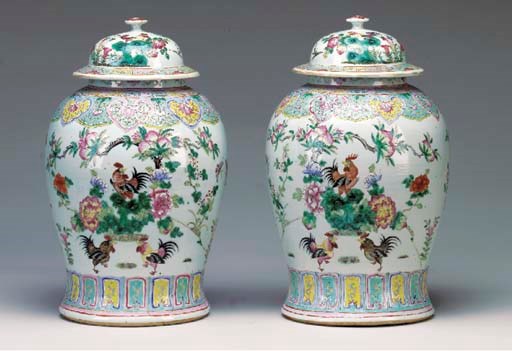 A LARGE PAIR OF CHINESE FAMILLE ROSE PORCELAIN BALUSTER JARS AND COVERS