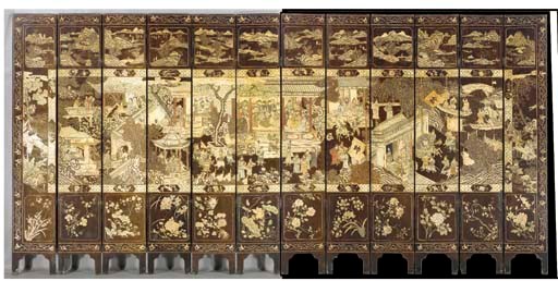 A CHINESE AUBERGINE AND POLYCHROME PAINTED AND INCISED TWELVE-PANEL SCREEN,