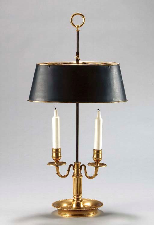 TWO LOUIS XV/XVI STYLE ORMOLU THREE-LIGHT BOUILLOTTE LAMPS,