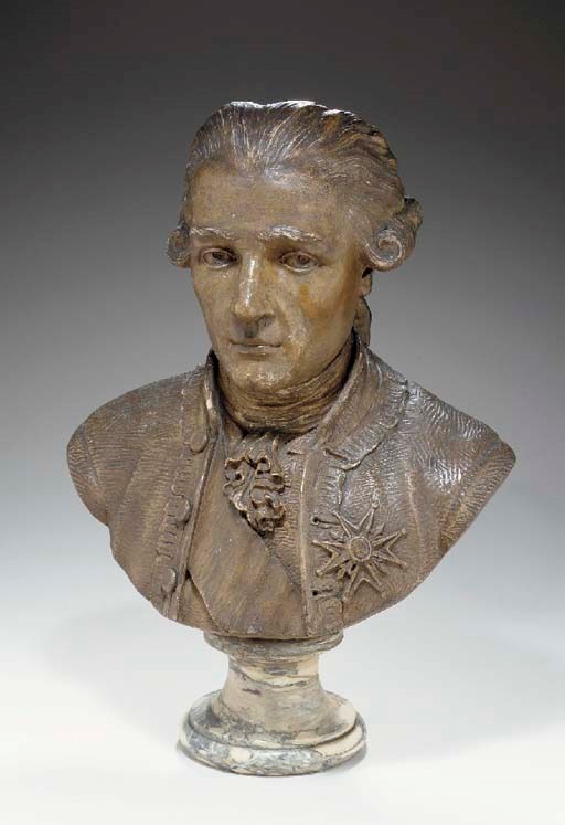 A FRENCH TERRACOTTA BUST OF A MAN,