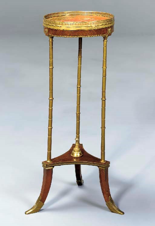 A LOUIS XVI STYLE ORMOLU, RED AND PARCEL-GILT LACQUER AND MAHOGANY GUERIDON,