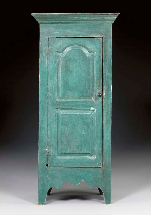 A BLUE-PAINTED PANELED DOOR CUPBOARD