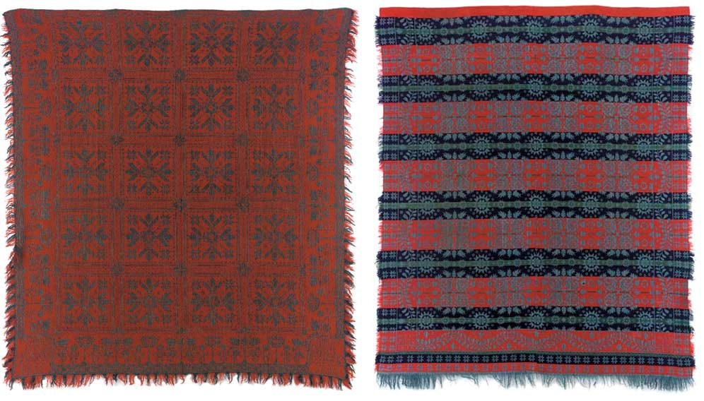 TWO WOVEN COTTON AND WOOL JACQUARD COVERLETS