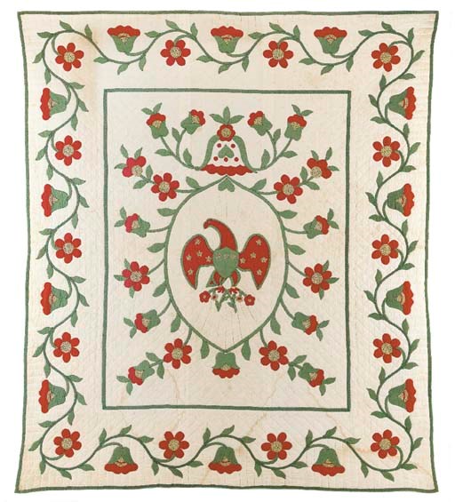 A PIECED AND APPLIQUED QUILTED COTTON COVERLET