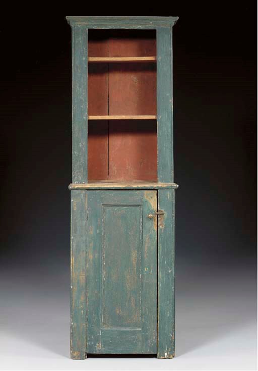 A BLUE-GREEN PAINTED NARROW OPEN STEPBACK CUPBOARD