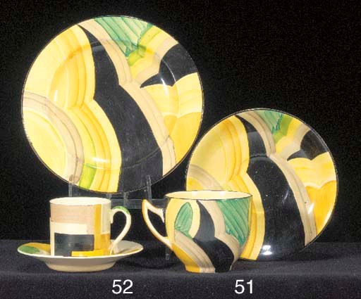 A Gray's Pottery hand-painted coffee can and saucer
