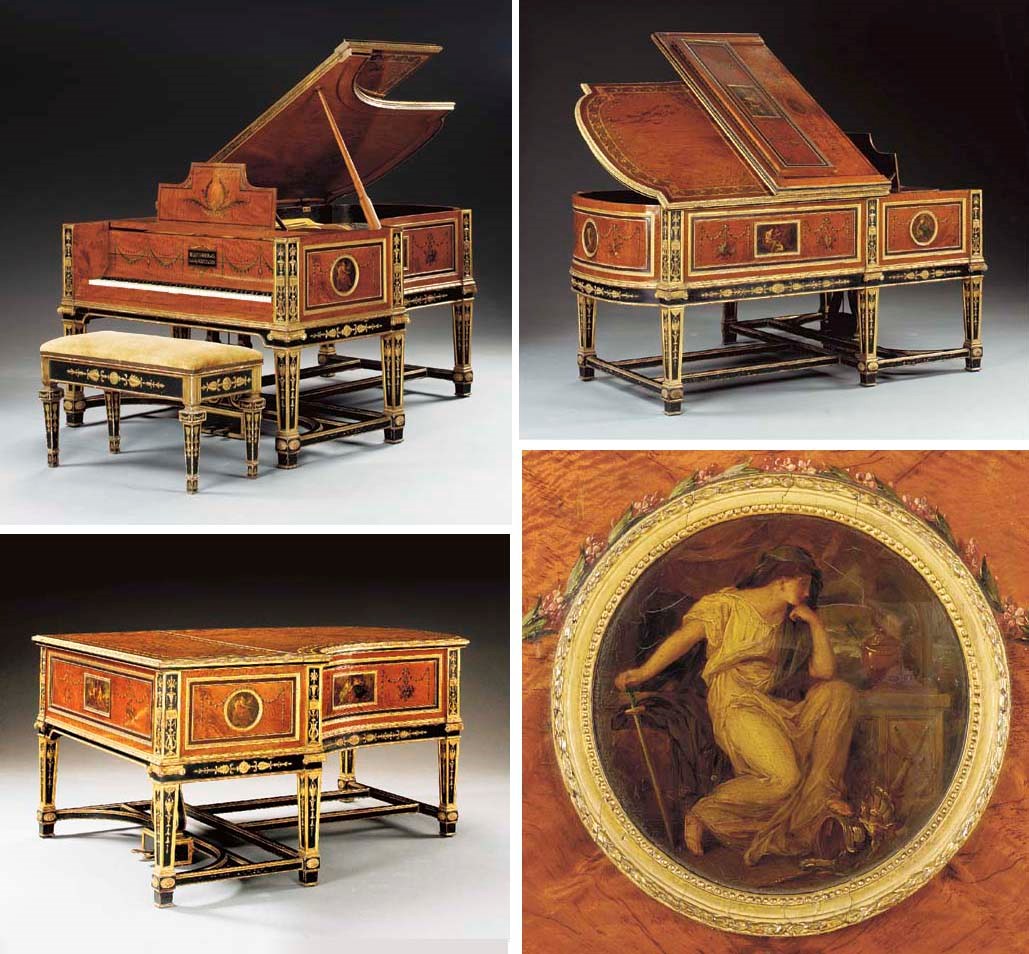 A fine late Victorian parcel-gilt and polychrome-painted satinwood grand piano and en suite duet stool**