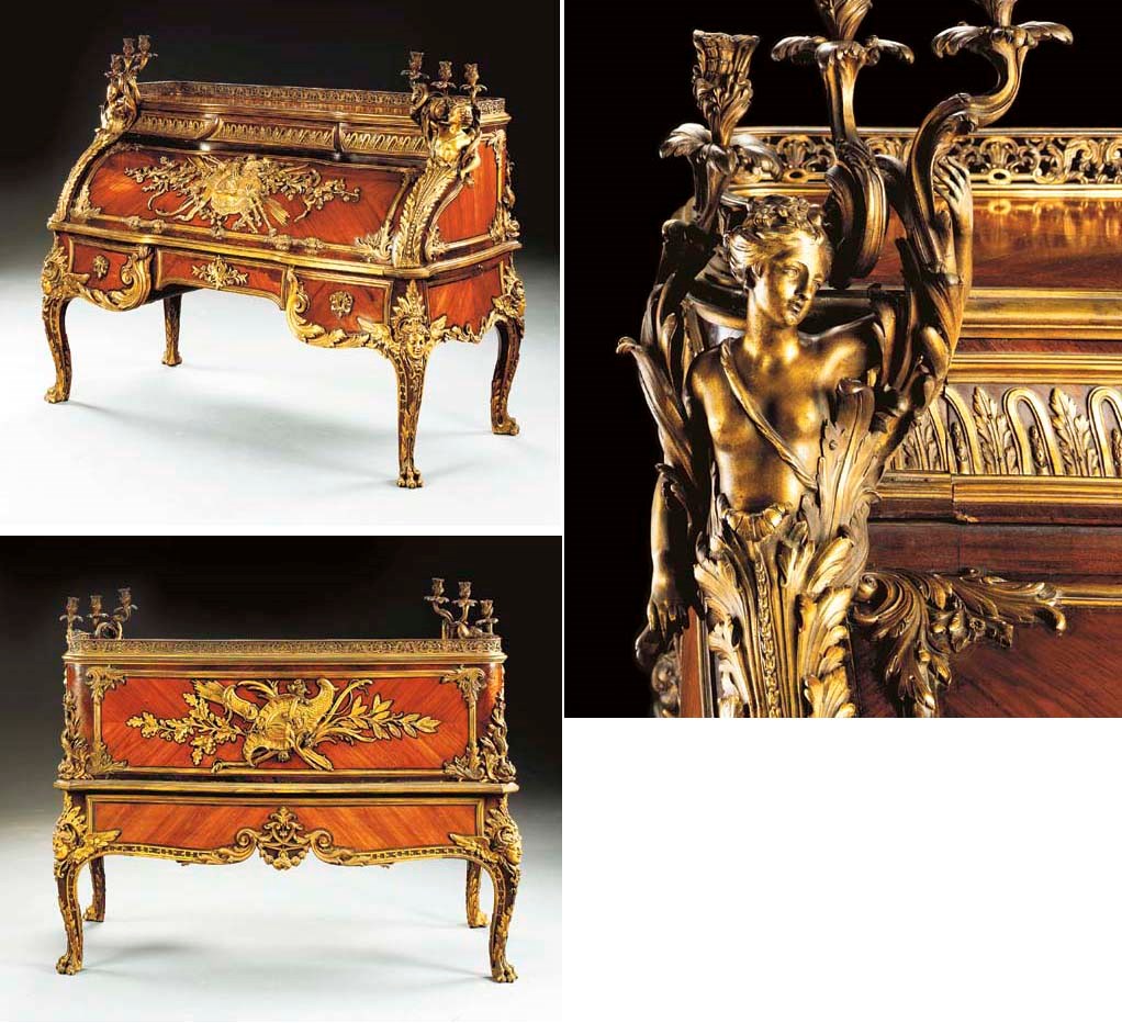 A fine Regence style ormolu-mounted tulipwood, kingwood and mahogany bureau a cylindre