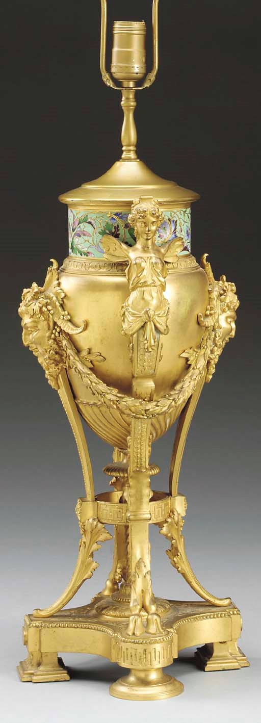 A Louis XVI style champleve enamel-mounted ormolu urn, mounted as a lamp