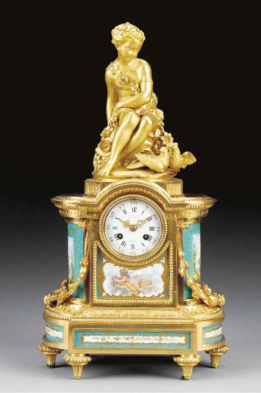 A Napoleon III ormolu and Sevres-style porcelain-mounted mantel clock