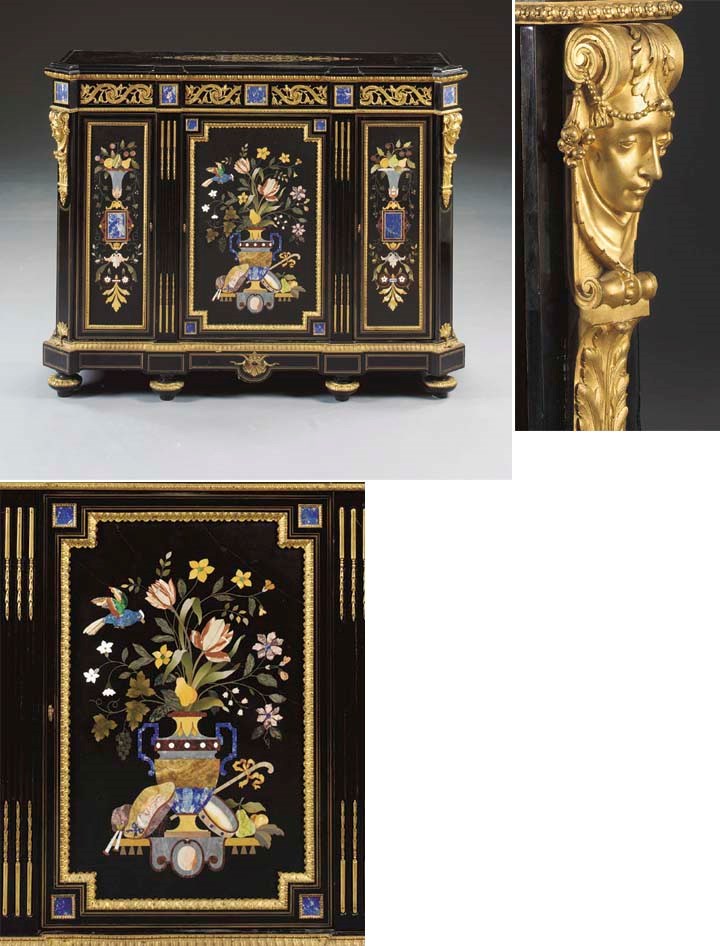 A fine Napoleon III ormolu-mounted and cut brass-inlaid pietre dure and ebonized side cabinet