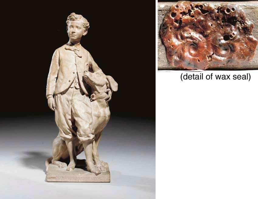 A French terracotta portrait of The Prince Imperial and His Dog Nero