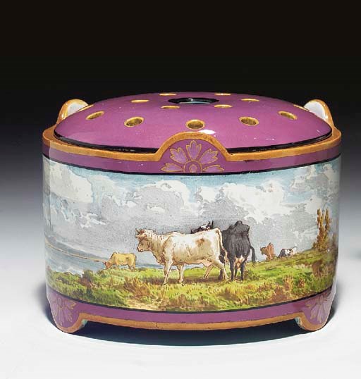 A MINTON MAJOLICA MAGENTA-GROUND BOUGH-POT AND COVER