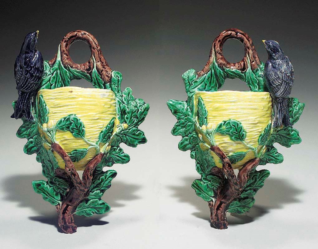 A PAIR OF JOSEPH ROTH MAJOLICA WALL POCKETS