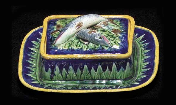 A MAJOLICA COBALT-BLUE GROUND SARDINE BOX AND COVER, ON FIXED STAND