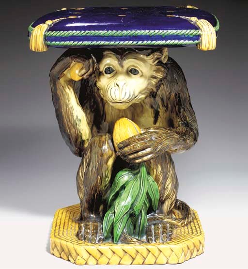 A MINTON MAJOLICA MONKEY GARDEN SEAT