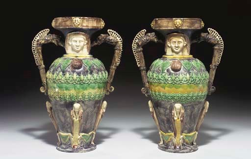 A PAIR OF FRENCH (VOISINLIEU) LEAD-GLAZED FAIENCE FINE EGYPTIAN REVIVAL VASES, 'ALHAMBRA'