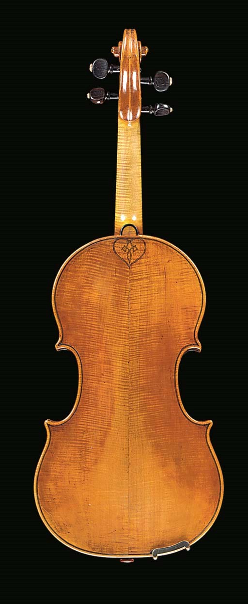 An interesting violin, Ceruti School, labelled Joseph Ceruti filius Joannis Baptista Cremonensis, fecit anno 1847 GC, the two-piece back of narrow curl ascending slightly from the joint, with inlaid decorative heart-shaped purfling below the button, the ribs and head of similar wood, the table of open grain, the varnish of a dark golden-brown colour, with two bows in case 	 (4)