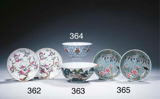 A pair of famille rose 'nine-peaches' saucer dishes