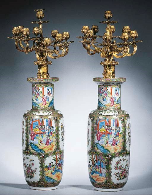 A pair of ormolu-mounted Canton famille rose vases