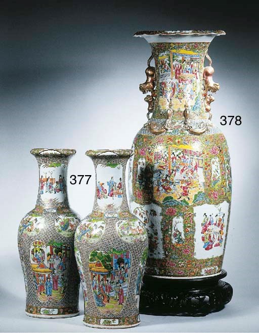 A pair of large Canton famille rose vases