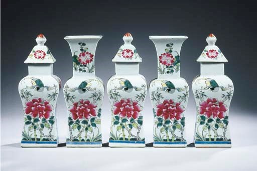 A famille rose five-piece garniture