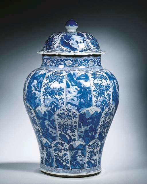 A blue and white large baluster jar and cover