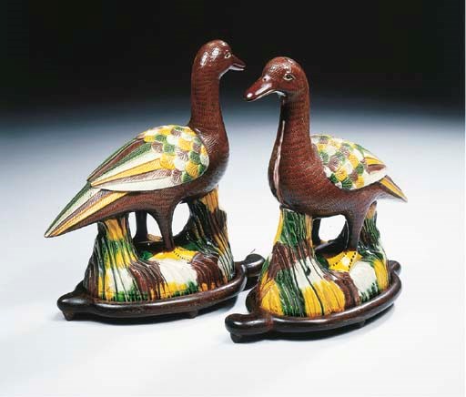 A pair of sancai-glazed biscuit models of ducks