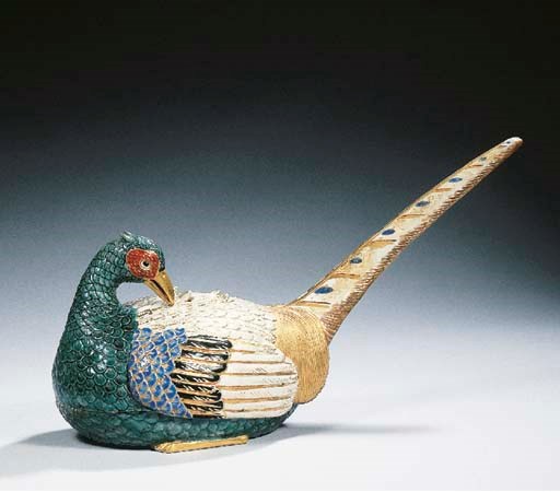 A Japanese satsuma censer and cover modelled as a pheasant
