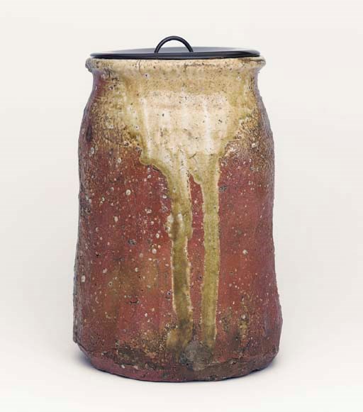 A Shigaraki Mizusashi [Fresh-Water Container] and a kakebanaike [Hanging Flower-arrangement vase]