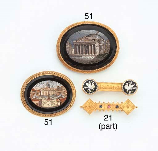 TWO ANTIQUE GOLD MICRO MOSAIC BROOCHES