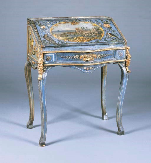 A VENETIAN BLUE, POLYCHROME AND GILT DECORATED BUREAU